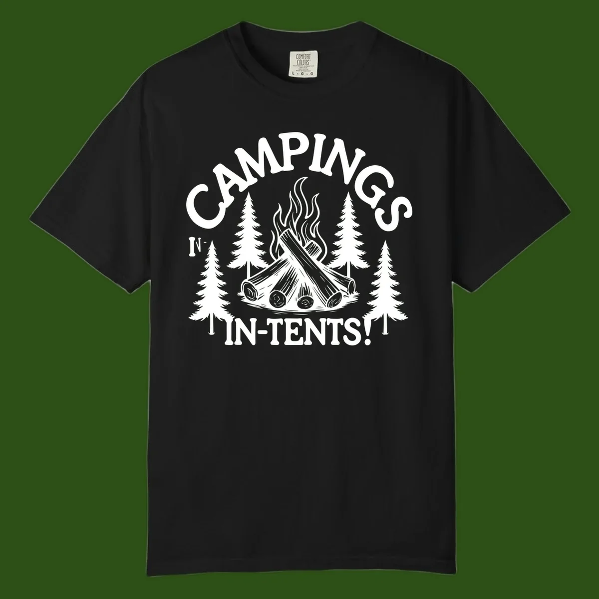 Camping in tents pun design with campfire, logs, flames, and evergreen trees in white on gray background