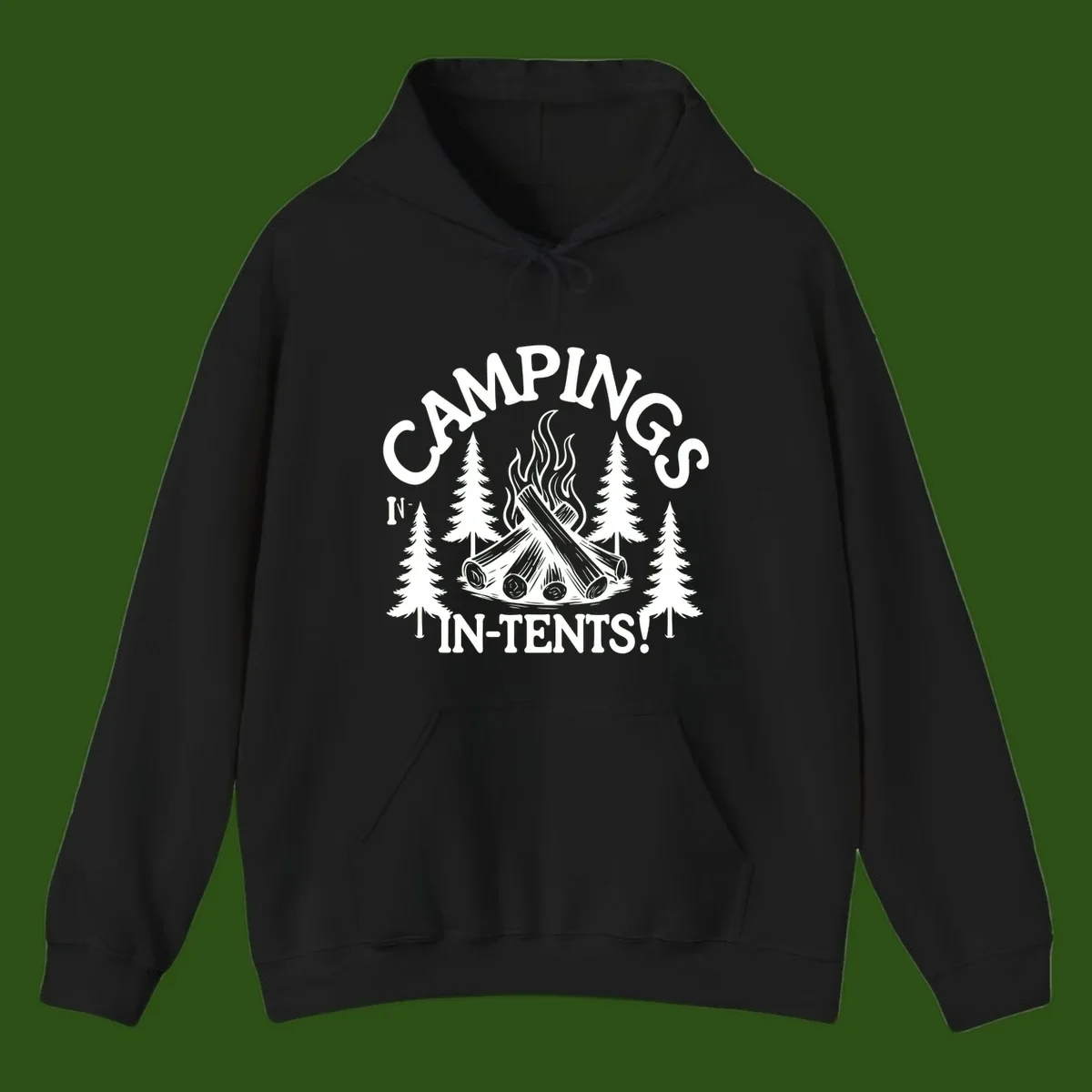 Camping in tents pun design with campfire, logs, flames, and evergreen trees in white on gray background