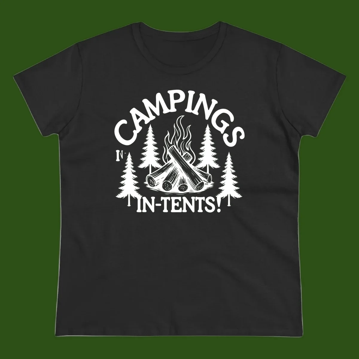 Camping in tents pun design with campfire, logs, flames, and evergreen trees in white on gray background