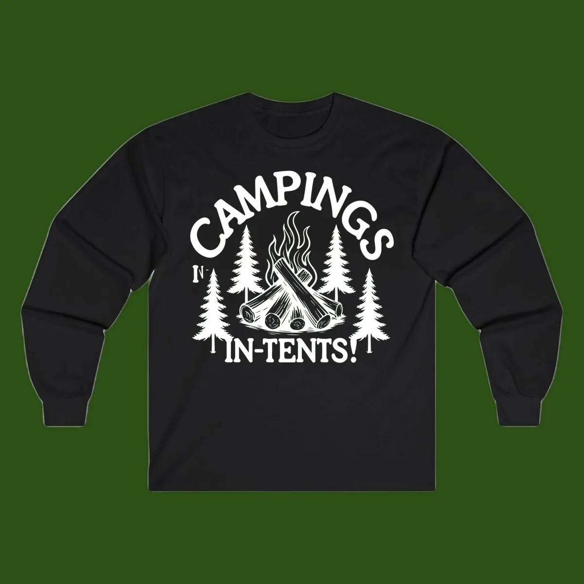 Camping in tents pun design with campfire, logs, flames, and evergreen trees in white on gray background
