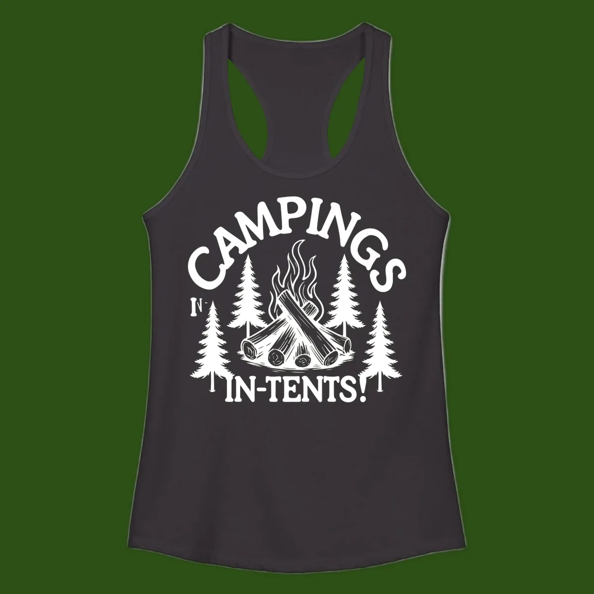 Camping in tents pun design with campfire, logs, flames, and evergreen trees in white on gray background