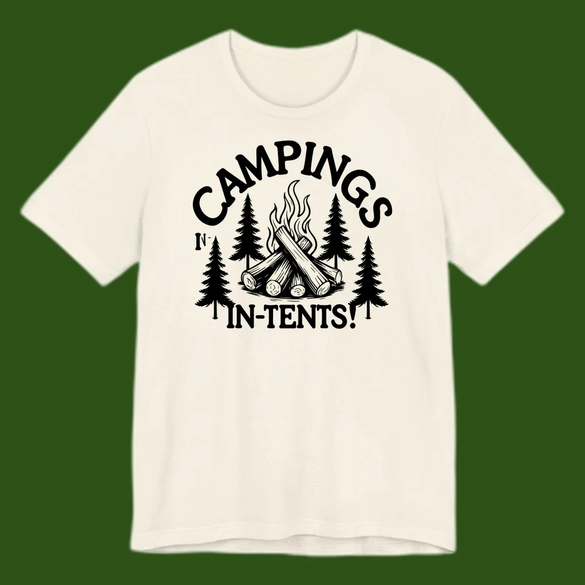 Camping in tents pun design with campfire, logs, flames, and evergreen trees in white on gray background