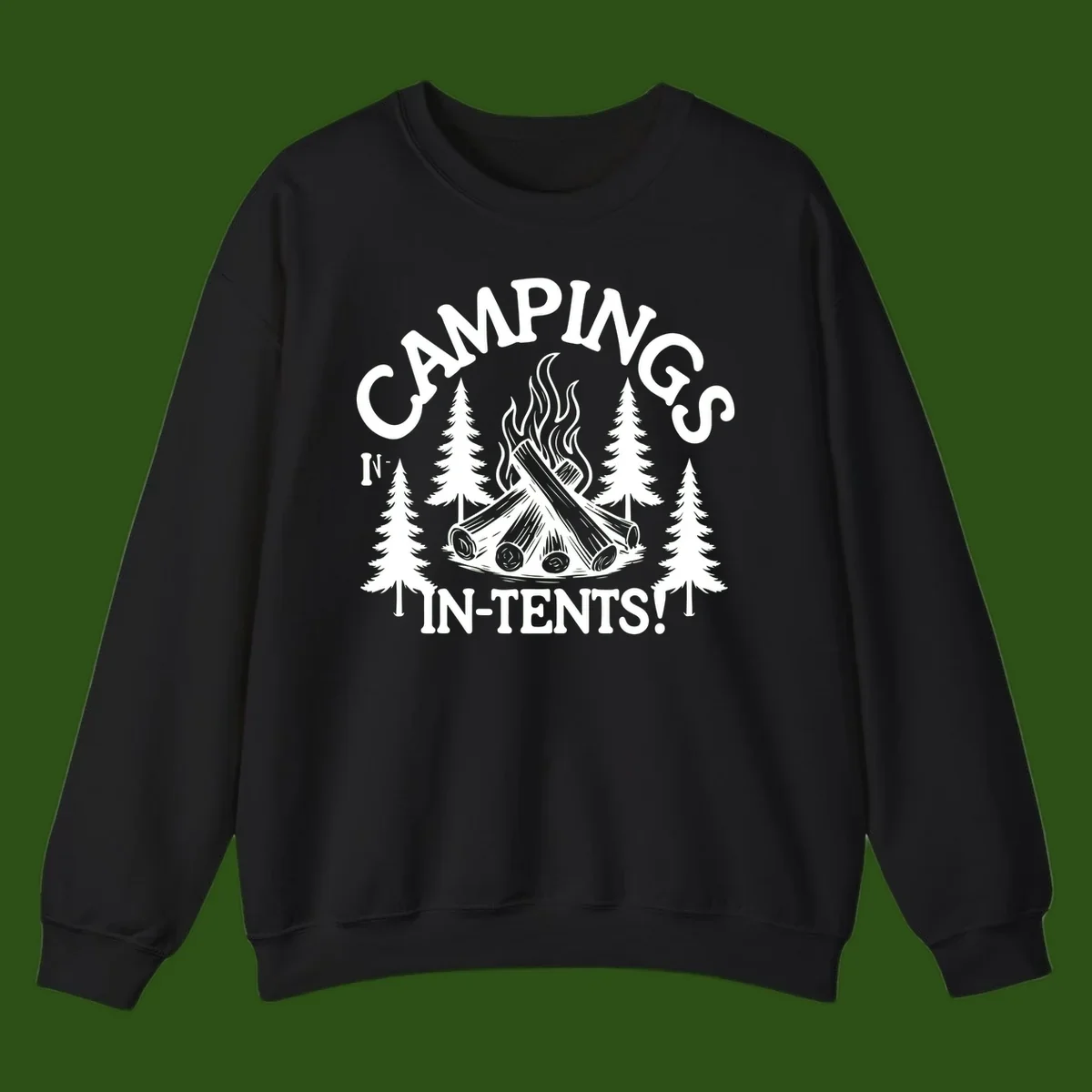 Camping in tents pun design with campfire, logs, flames, and evergreen trees in white on gray background