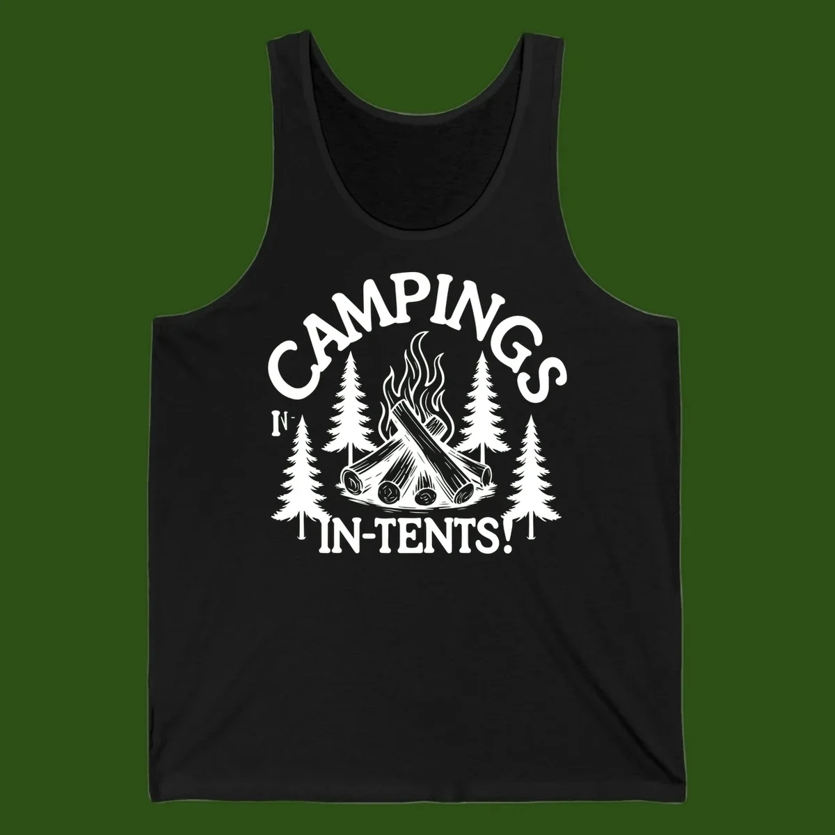Camping in tents pun design with campfire, logs, flames, and evergreen trees in white on gray background