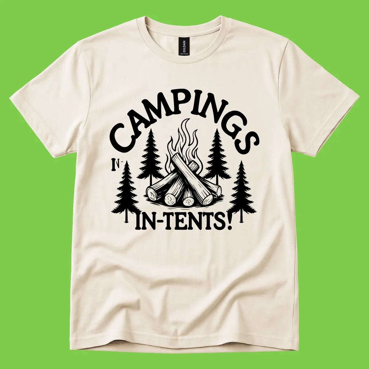 Camping in tents pun design with campfire, logs, flames, and evergreen trees in white on gray background