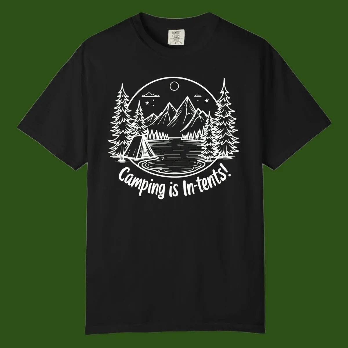 Camping is in-tents pun design: A circular badge with a tent by a lake surrounded by mountains, evergreens, and stars.