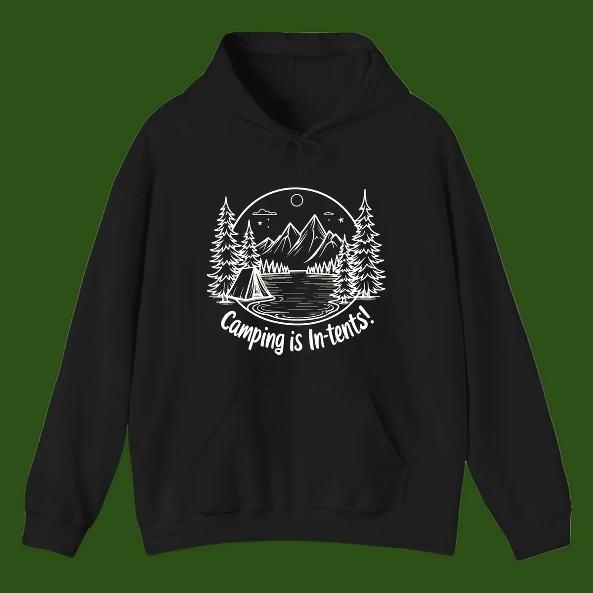 Camping is in-tents pun design: A circular badge with a tent by a lake surrounded by mountains, evergreens, and stars.