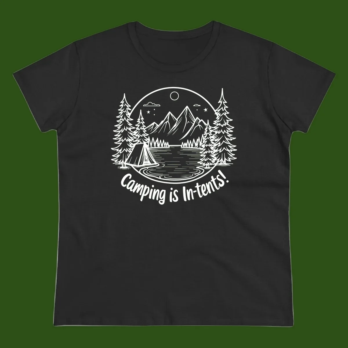 Camping is in-tents pun design: A circular badge with a tent by a lake surrounded by mountains, evergreens, and stars.