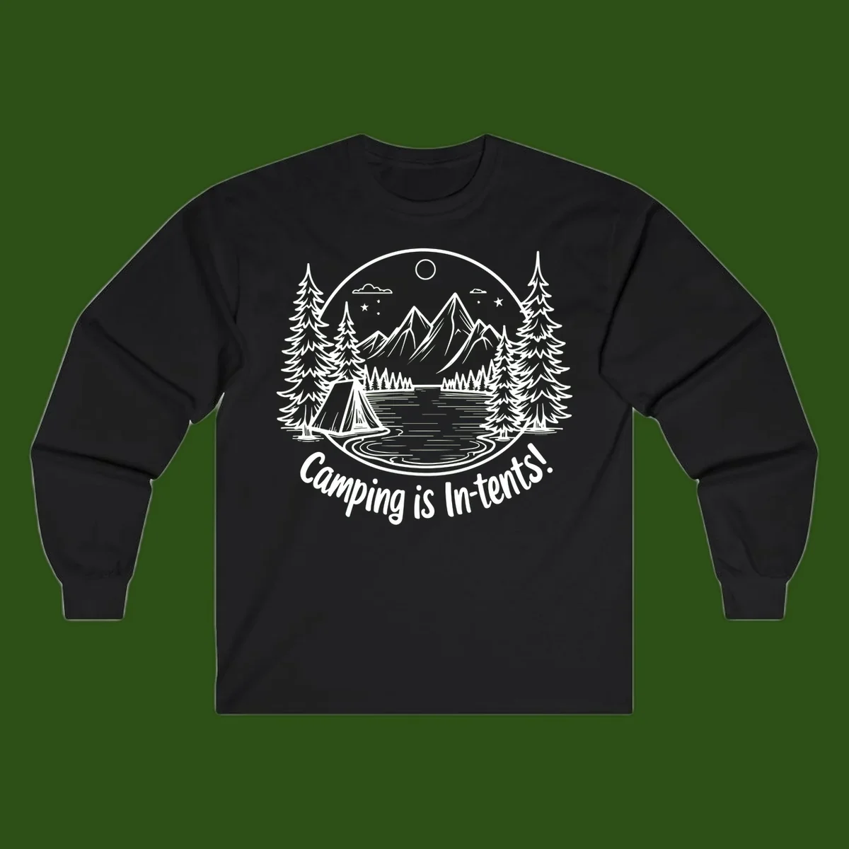 Camping is in-tents pun design: A circular badge with a tent by a lake surrounded by mountains, evergreens, and stars.