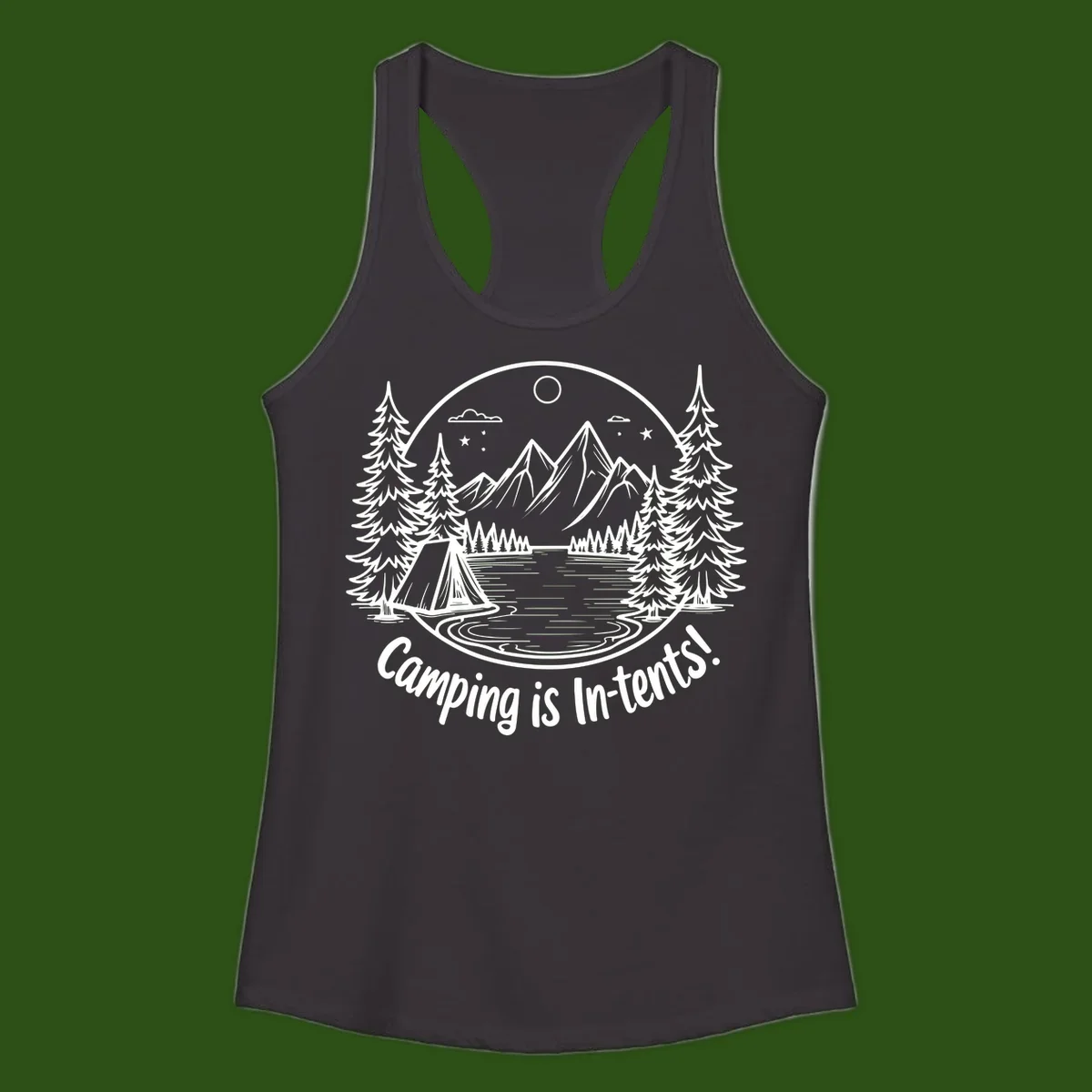 Camping is in-tents pun design: A circular badge with a tent by a lake surrounded by mountains, evergreens, and stars.