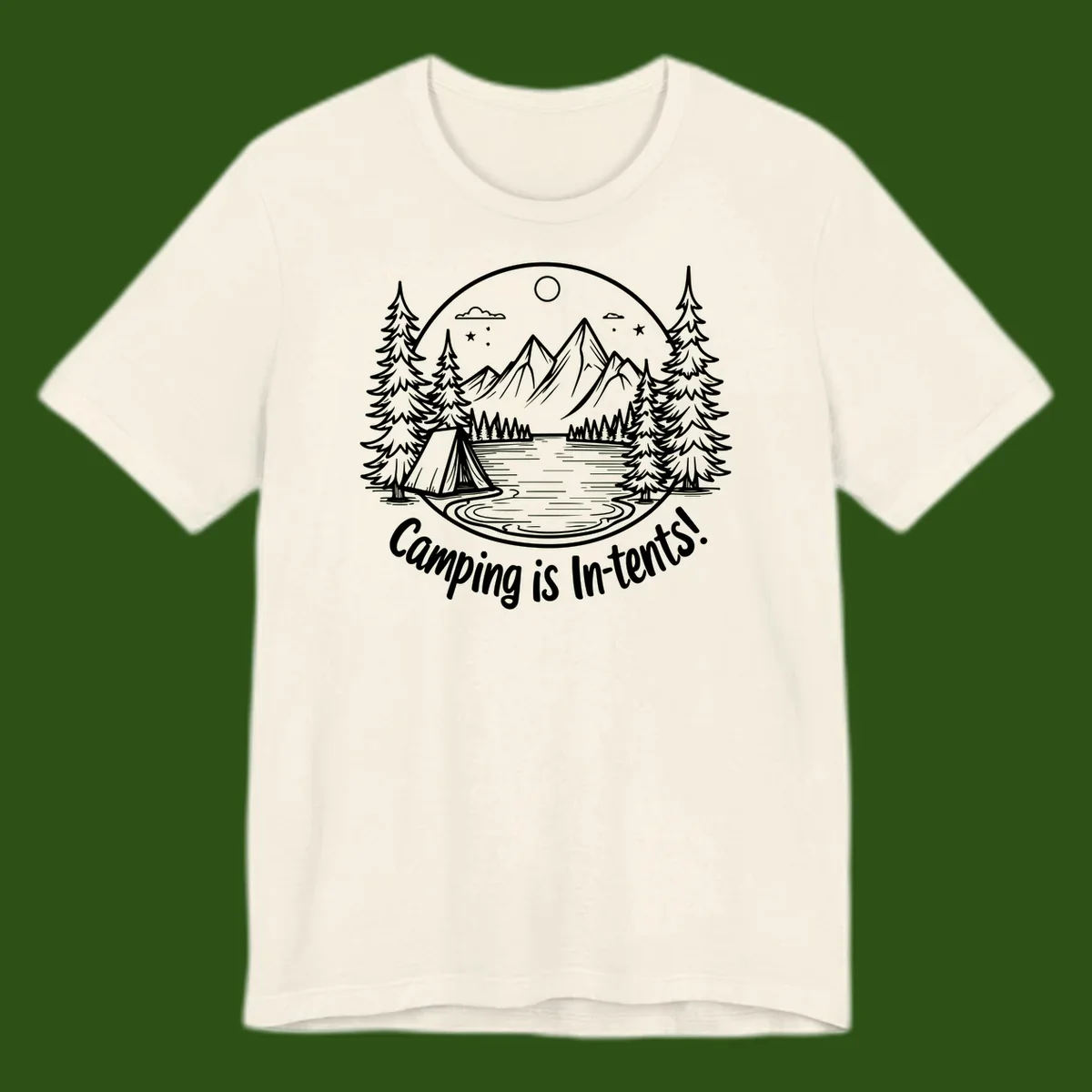 Camping is in-tents pun design: A circular badge with a tent by a lake surrounded by mountains, evergreens, and stars.