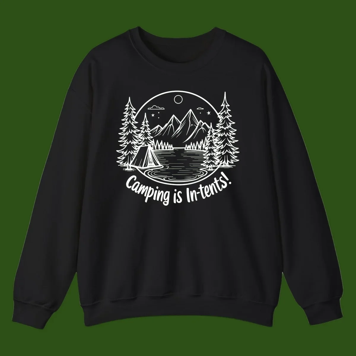 Camping is in-tents pun design: A circular badge with a tent by a lake surrounded by mountains, evergreens, and stars.