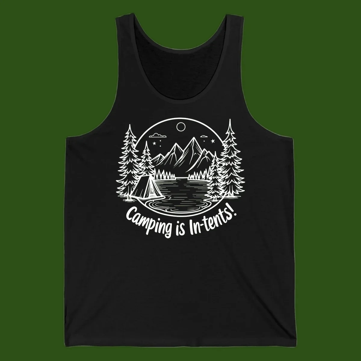 Camping is in-tents pun design: A circular badge with a tent by a lake surrounded by mountains, evergreens, and stars.