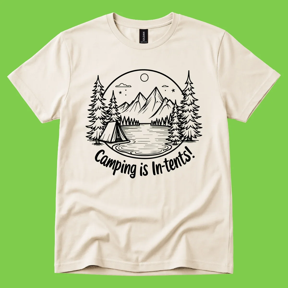 Camping is in-tents pun design: A circular badge with a tent by a lake surrounded by mountains, evergreens, and stars.