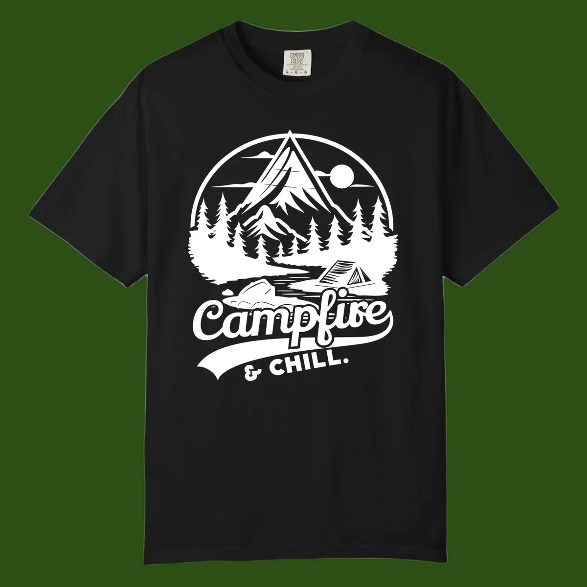 Circular mountain camping badge design featuring snow peak, forest, tent, and campfire with 'Campfire & Chill' text