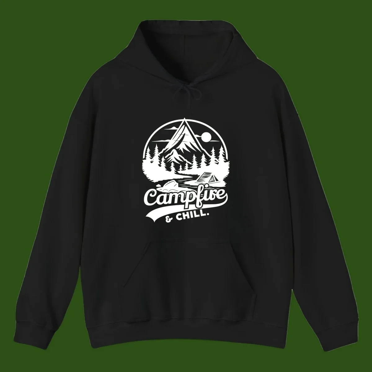 Circular mountain camping badge design featuring snow peak, forest, tent, and campfire with 'Campfire & Chill' text