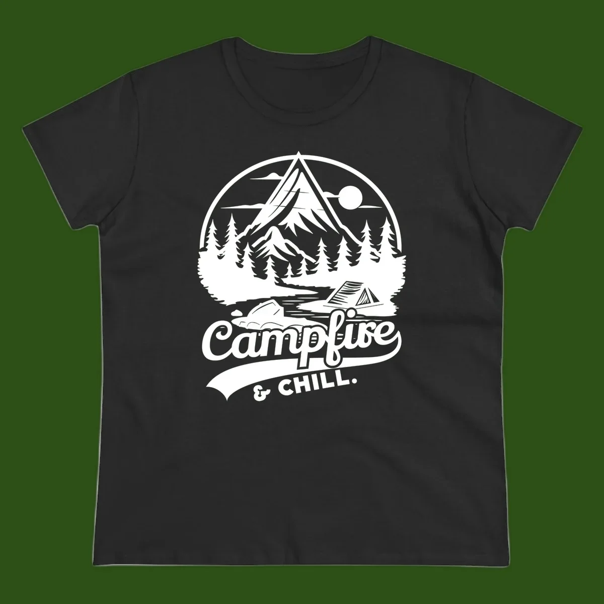 Circular mountain camping badge design featuring snow peak, forest, tent, and campfire with 'Campfire & Chill' text
