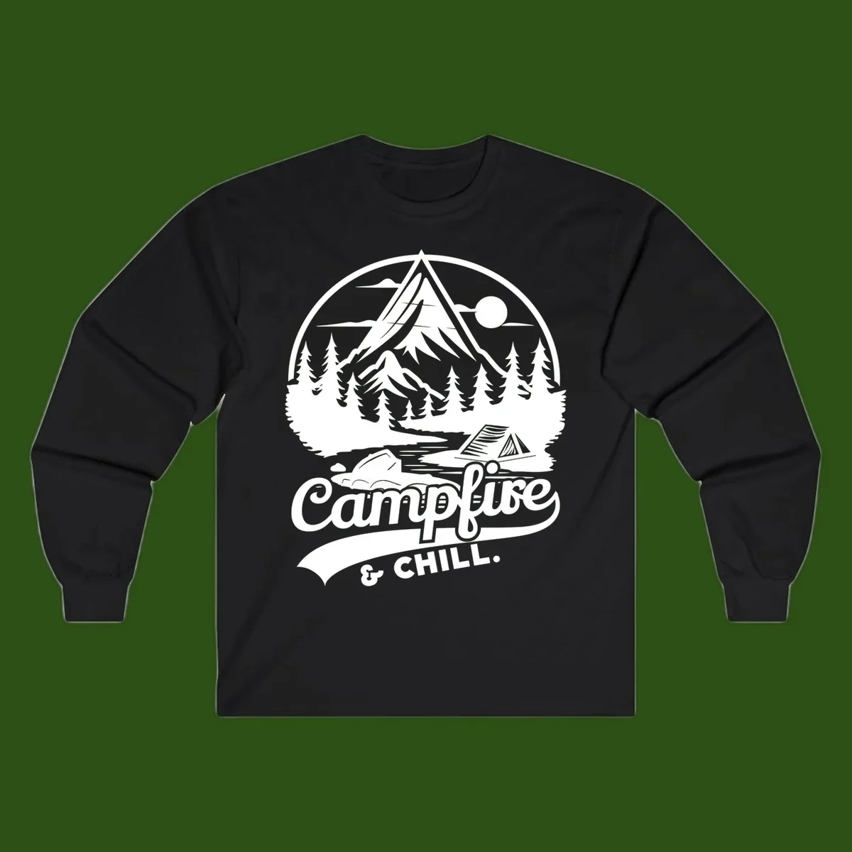 Circular mountain camping badge design featuring snow peak, forest, tent, and campfire with 'Campfire & Chill' text