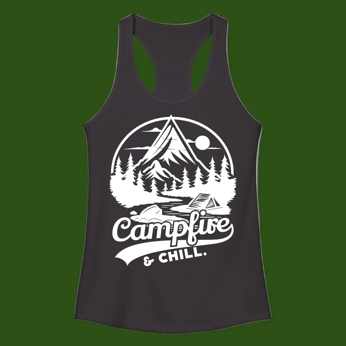 Circular mountain camping badge design featuring snow peak, forest, tent, and campfire with 'Campfire & Chill' text