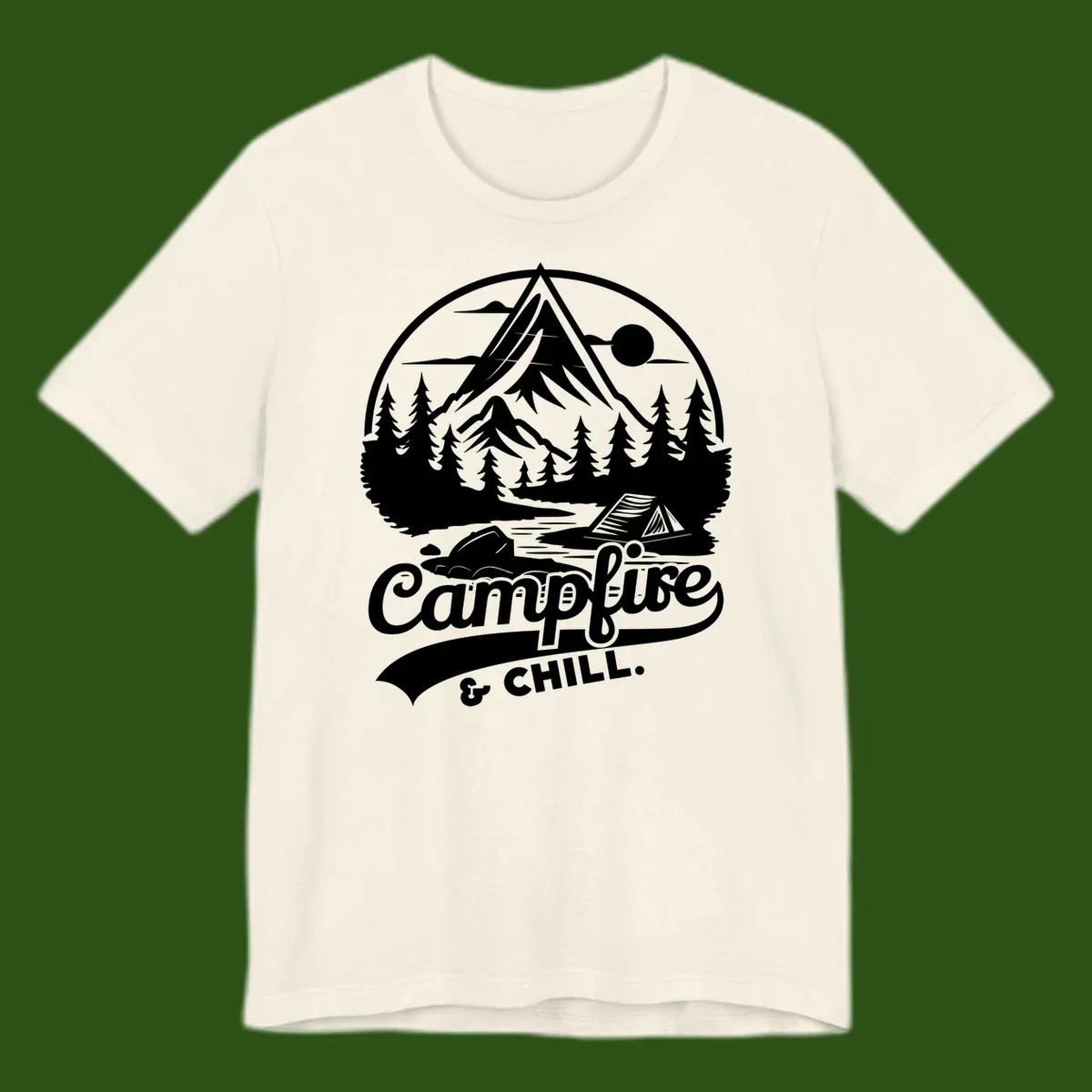 Circular mountain camping badge design featuring snow peak, forest, tent, and campfire with 'Campfire & Chill' text