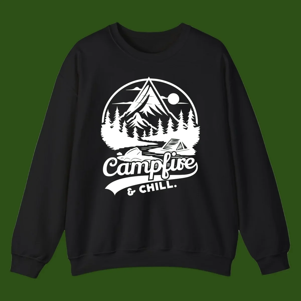 Circular mountain camping badge design featuring snow peak, forest, tent, and campfire with 'Campfire & Chill' text