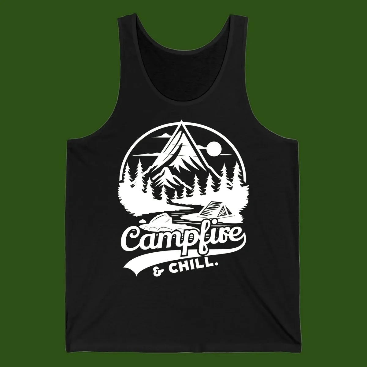 Circular mountain camping badge design featuring snow peak, forest, tent, and campfire with 'Campfire & Chill' text