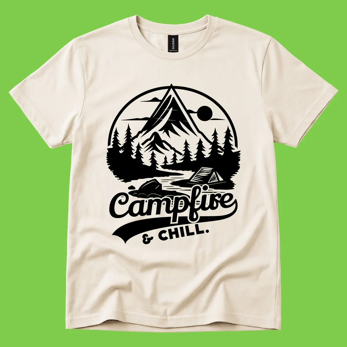 Circular mountain camping badge design featuring snow peak, forest, tent, and campfire with 'Campfire & Chill' text