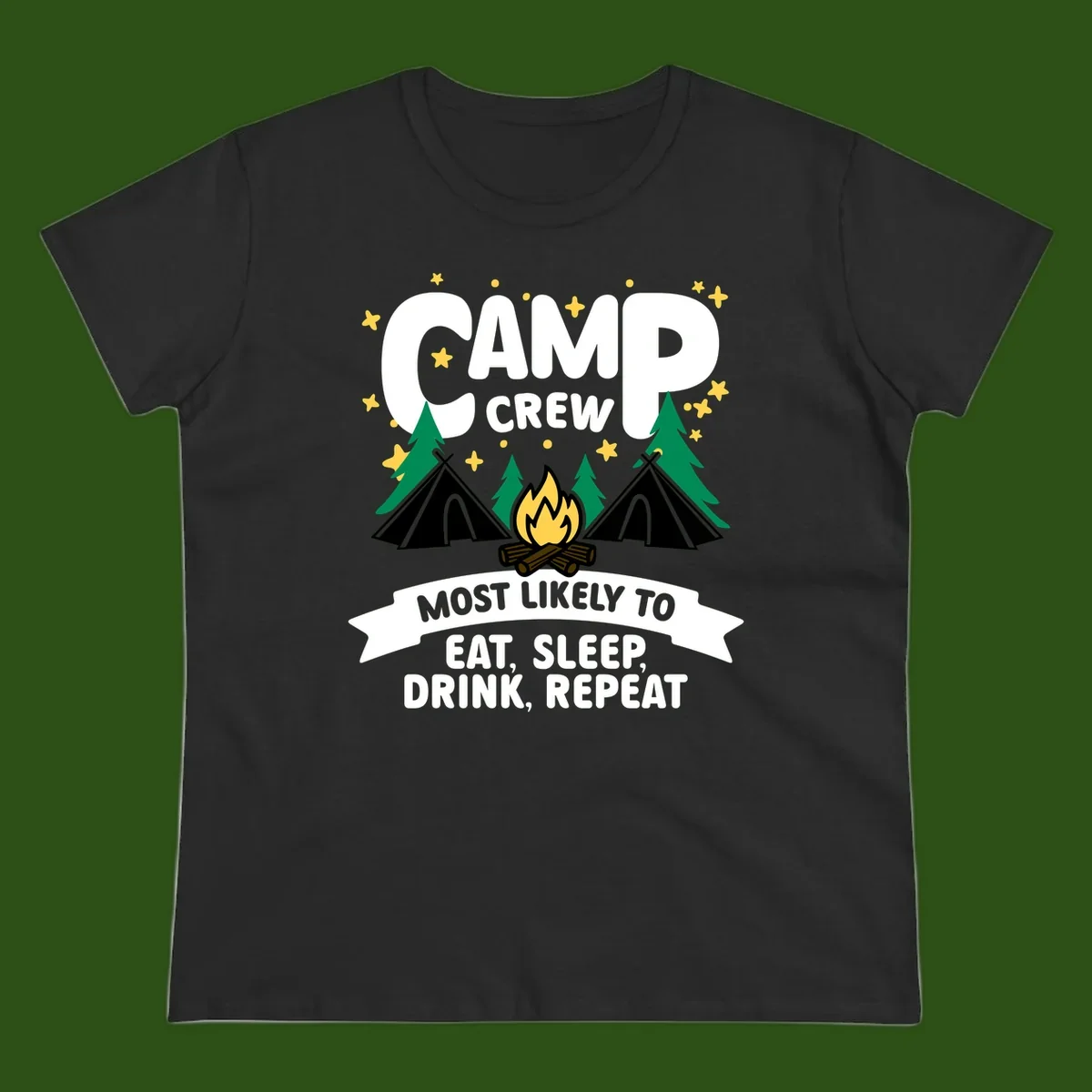 Camp crew superlative design with tents, campfire, stars, and 'eat sleep drink repeat' text on gray background