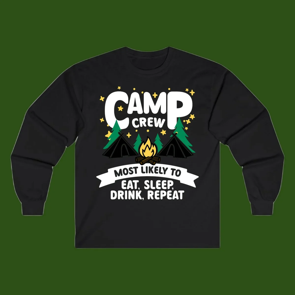Camp crew superlative design with tents, campfire, stars, and 'eat sleep drink repeat' text on gray background