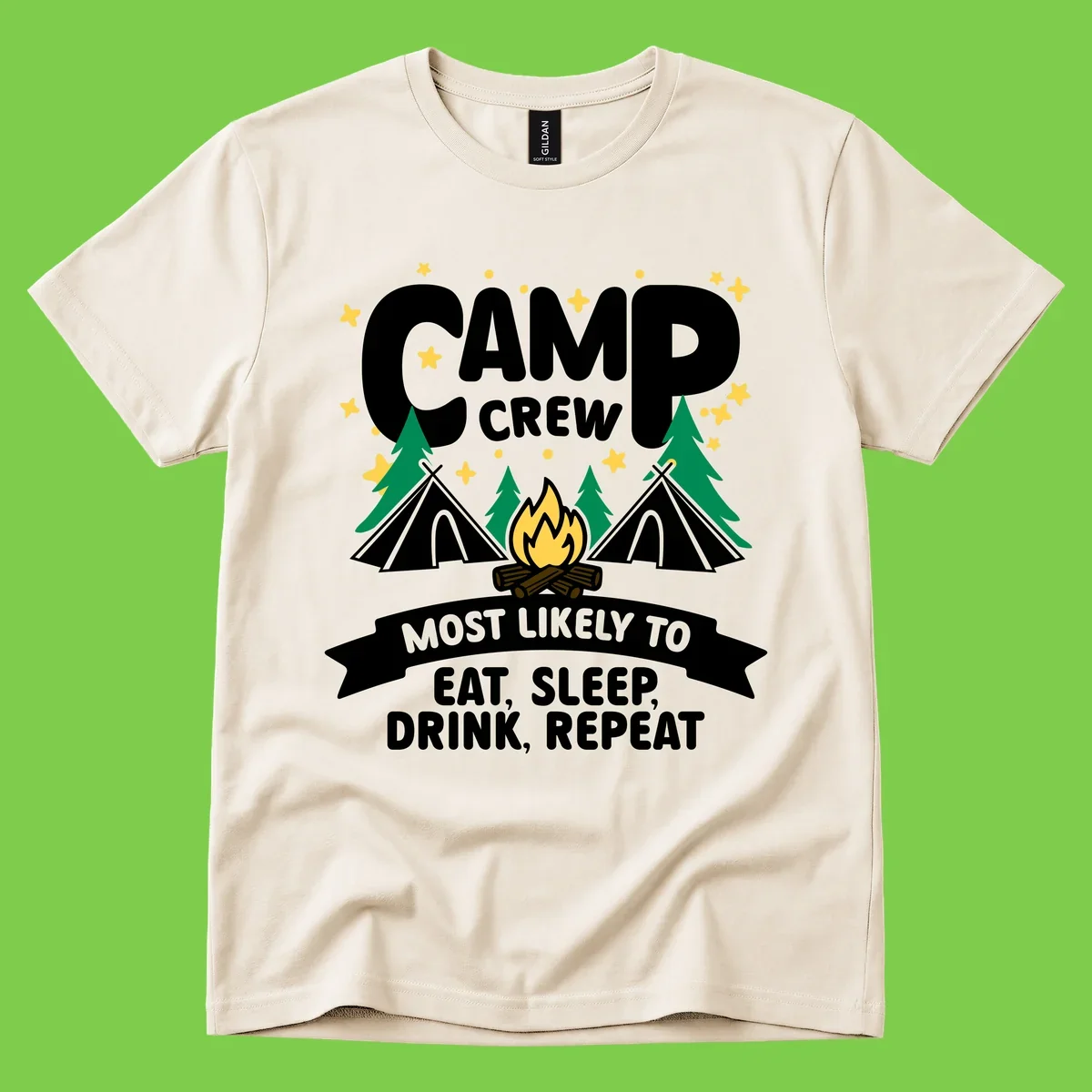Camp crew superlative design with tents, campfire, stars, and 'eat sleep drink repeat' text on gray background