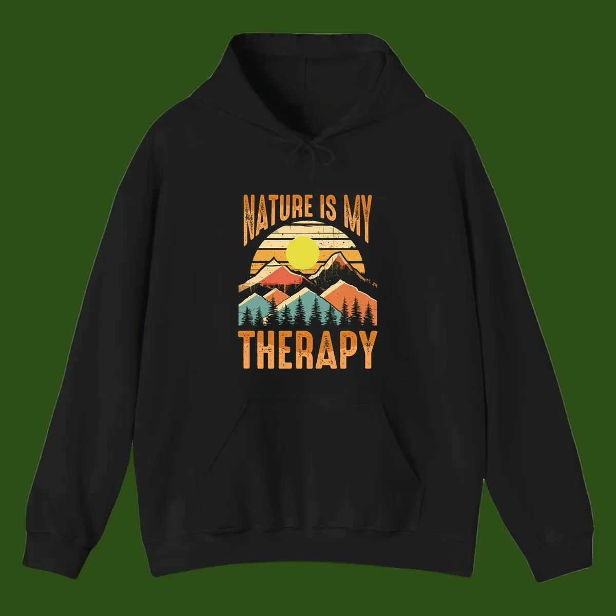 Vintage-style nature is my therapy design featuring layered mountains, sun, and forest with retro stripes and distressed texture