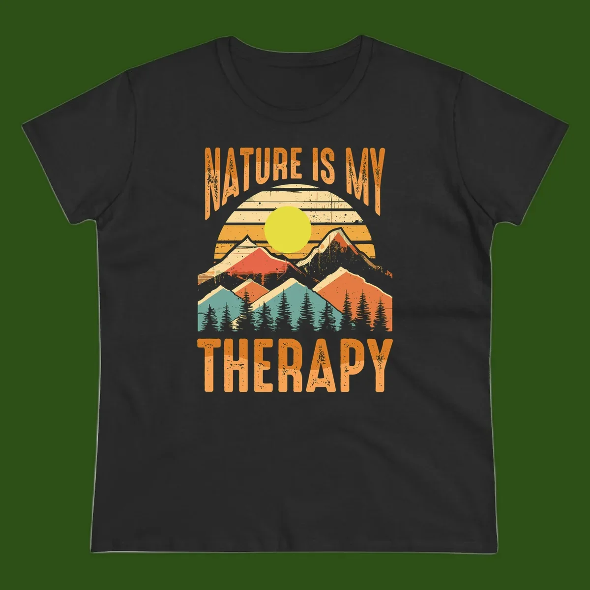 Vintage-style nature is my therapy design featuring layered mountains, sun, and forest with retro stripes and distressed texture
