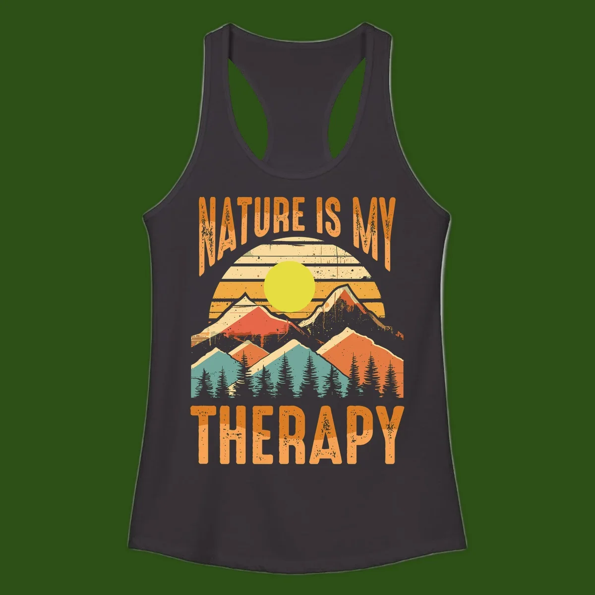 Vintage-style nature is my therapy design featuring layered mountains, sun, and forest with retro stripes and distressed texture