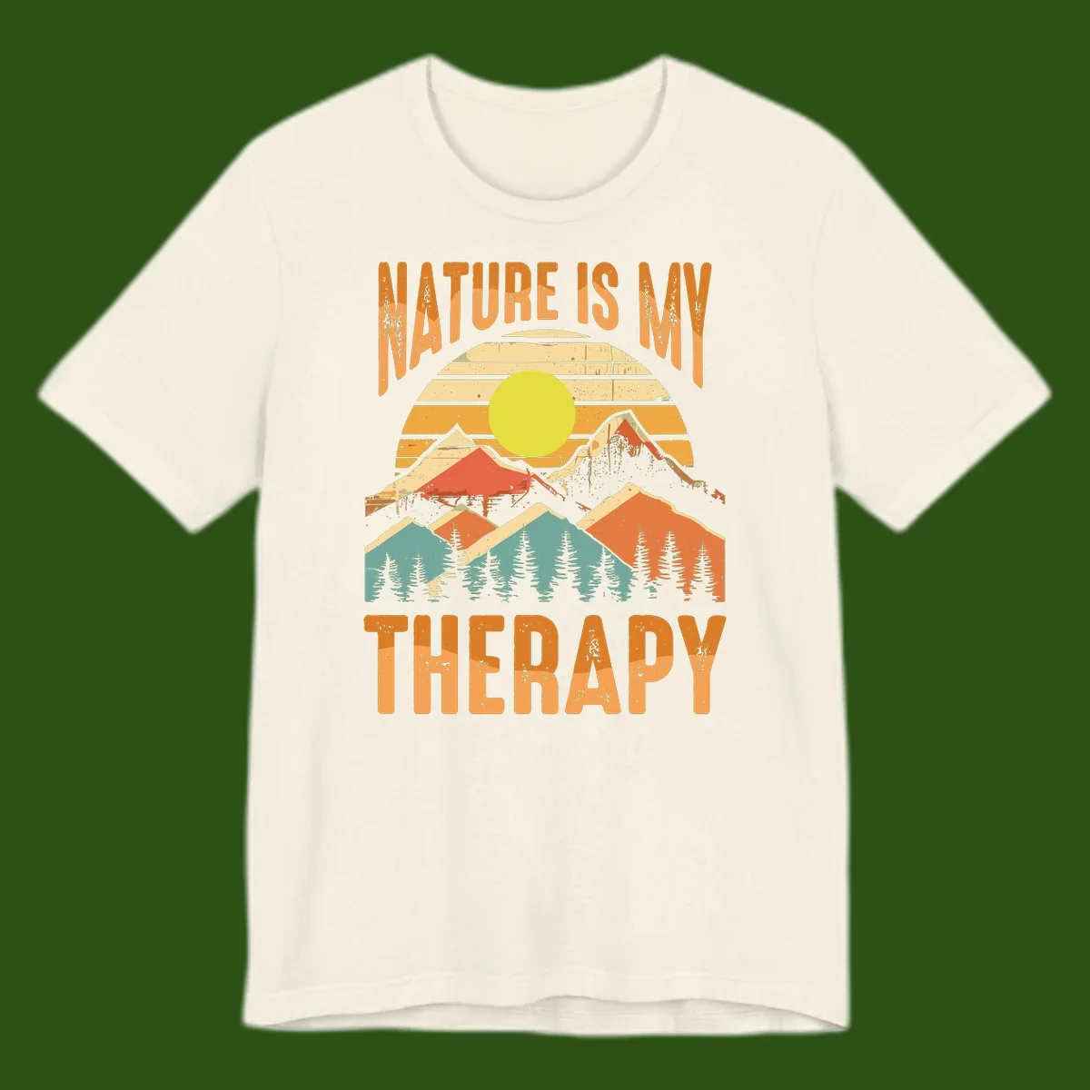 Vintage-style nature is my therapy design featuring layered mountains, sun, and forest with retro stripes and distressed texture