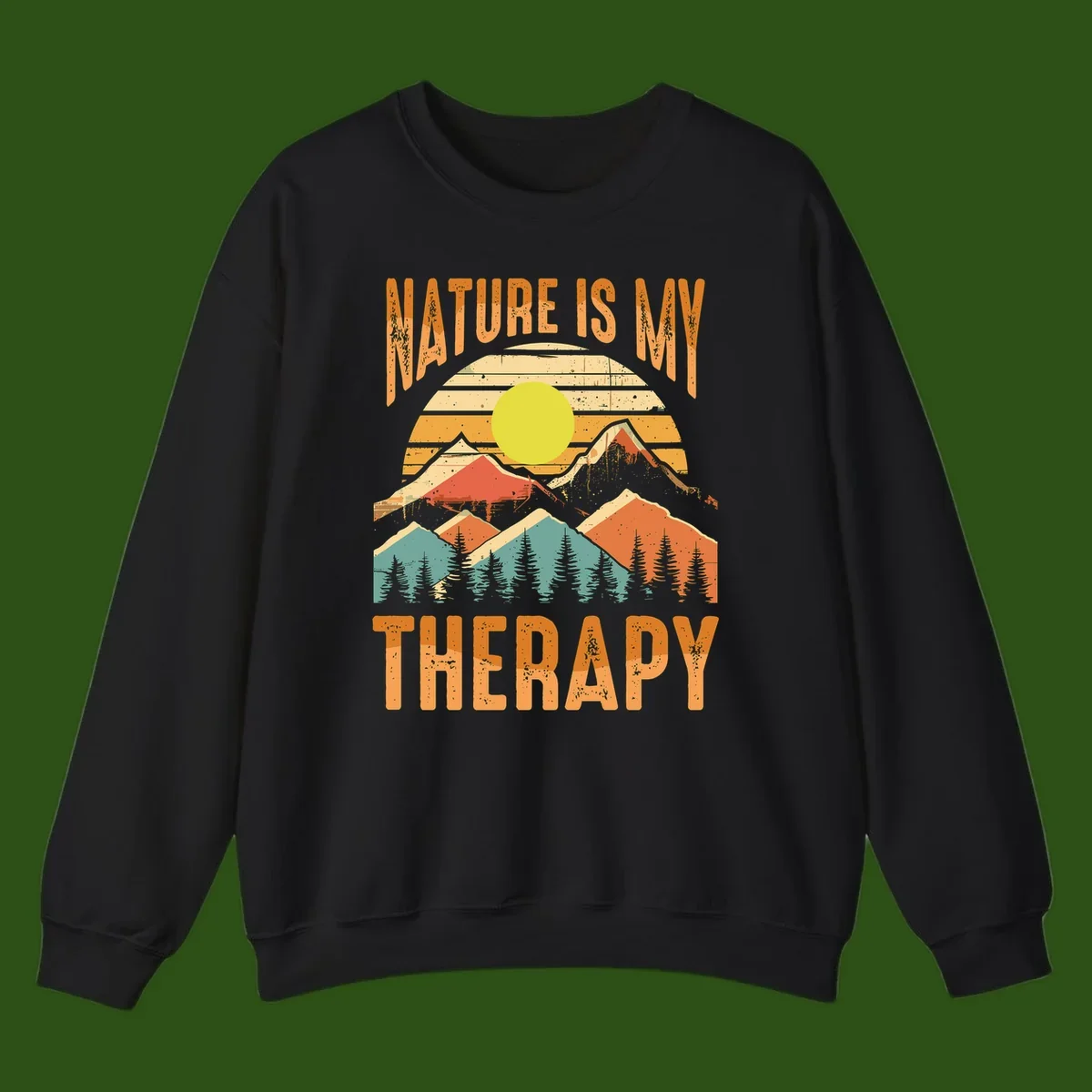 Vintage-style nature is my therapy design featuring layered mountains, sun, and forest with retro stripes and distressed texture