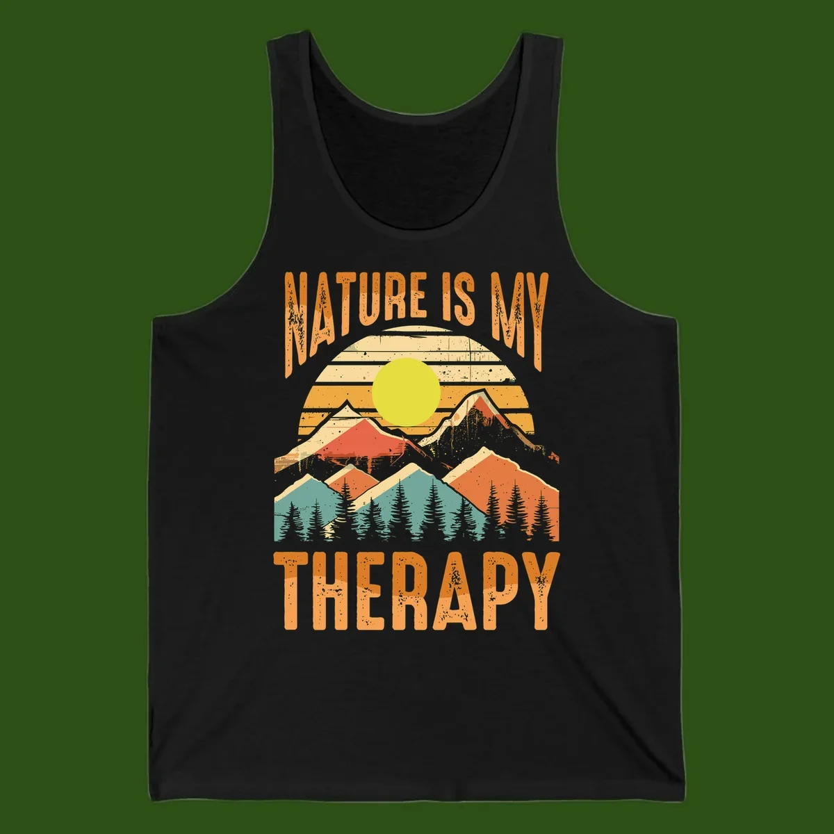 Vintage-style nature is my therapy design featuring layered mountains, sun, and forest with retro stripes and distressed texture
