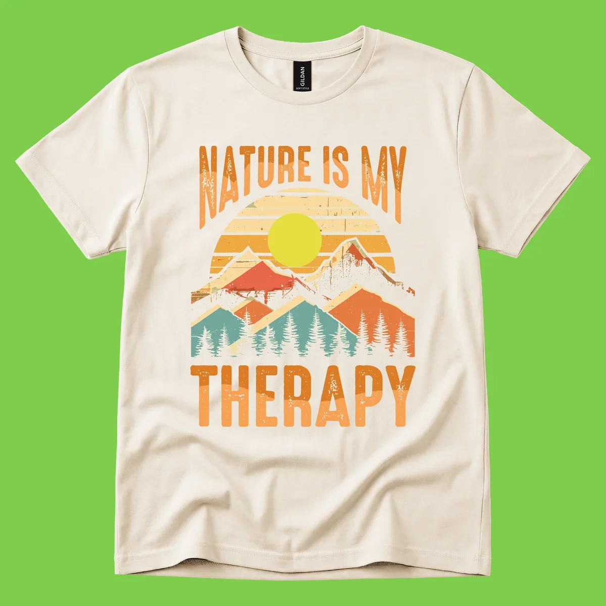 Vintage-style nature is my therapy design featuring layered mountains, sun, and forest with retro stripes and distressed texture