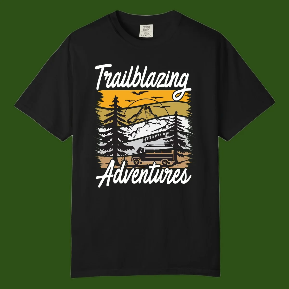 Layered mountain landscape with camping van, evergreen trees, and snowy peaks under golden sky with 'Trailblazing Adventures' text