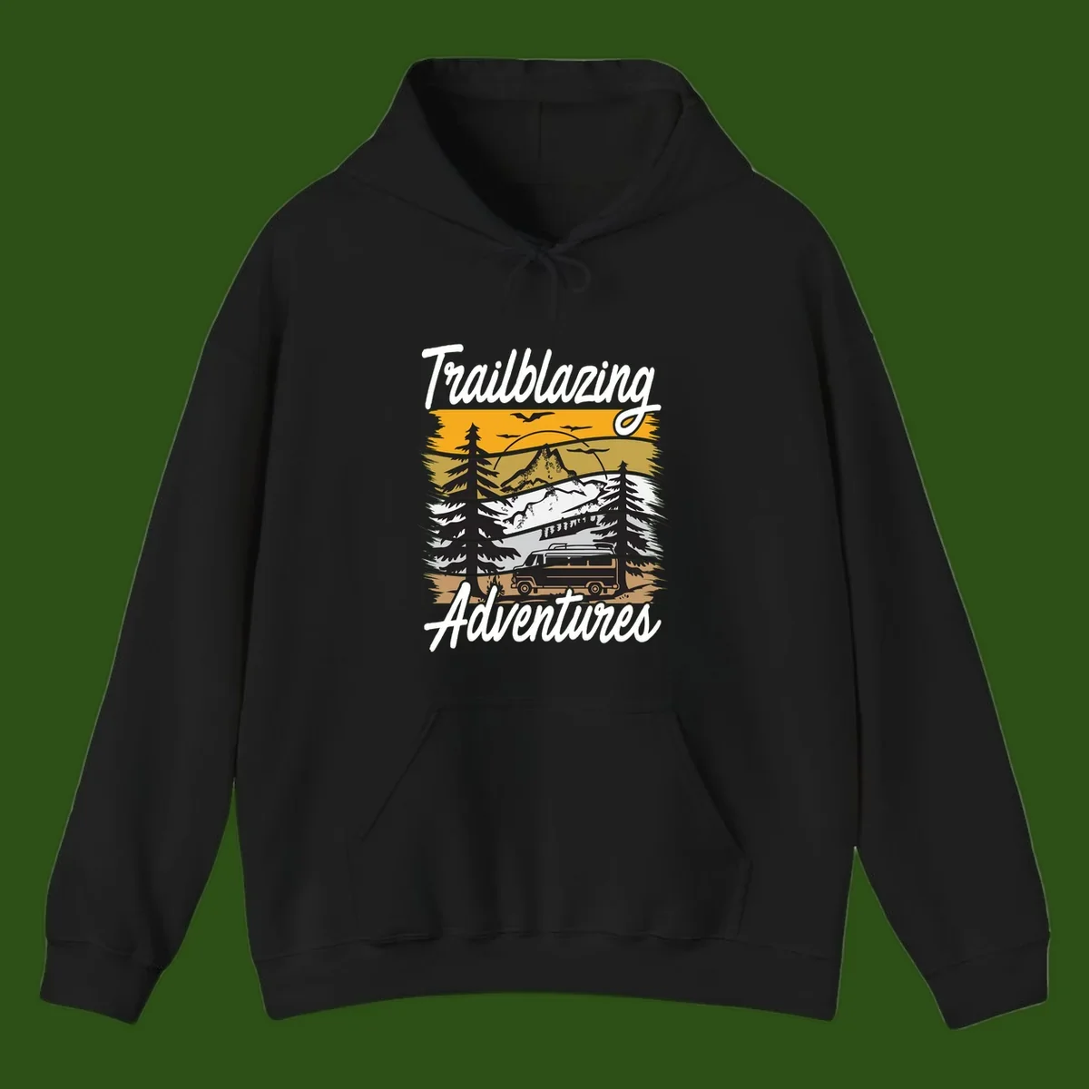 Layered mountain landscape with camping van, evergreen trees, and snowy peaks under golden sky with 'Trailblazing Adventures' text