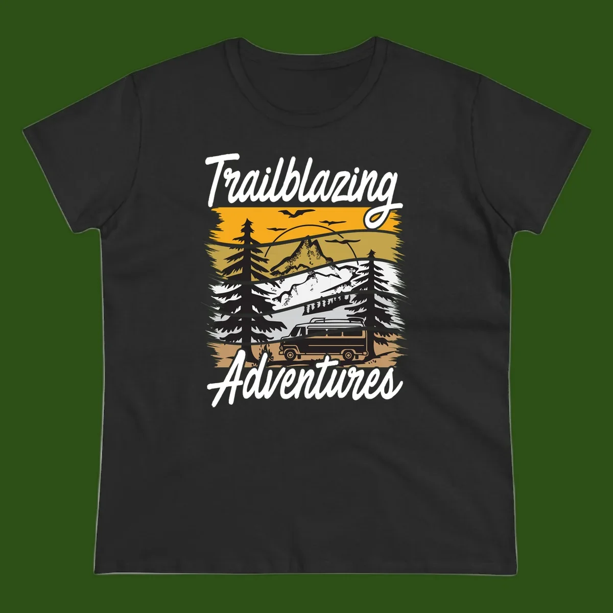 Layered mountain landscape with camping van, evergreen trees, and snowy peaks under golden sky with 'Trailblazing Adventures' text