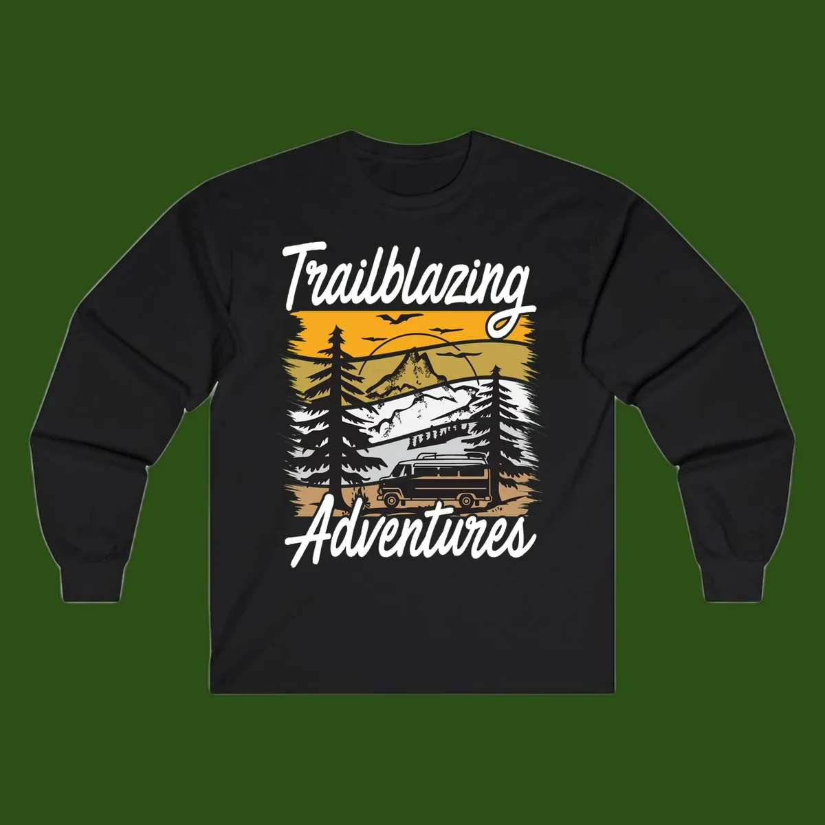 Layered mountain landscape with camping van, evergreen trees, and snowy peaks under golden sky with 'Trailblazing Adventures' text