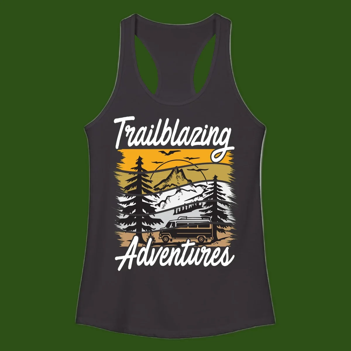 Layered mountain landscape with camping van, evergreen trees, and snowy peaks under golden sky with 'Trailblazing Adventures' text
