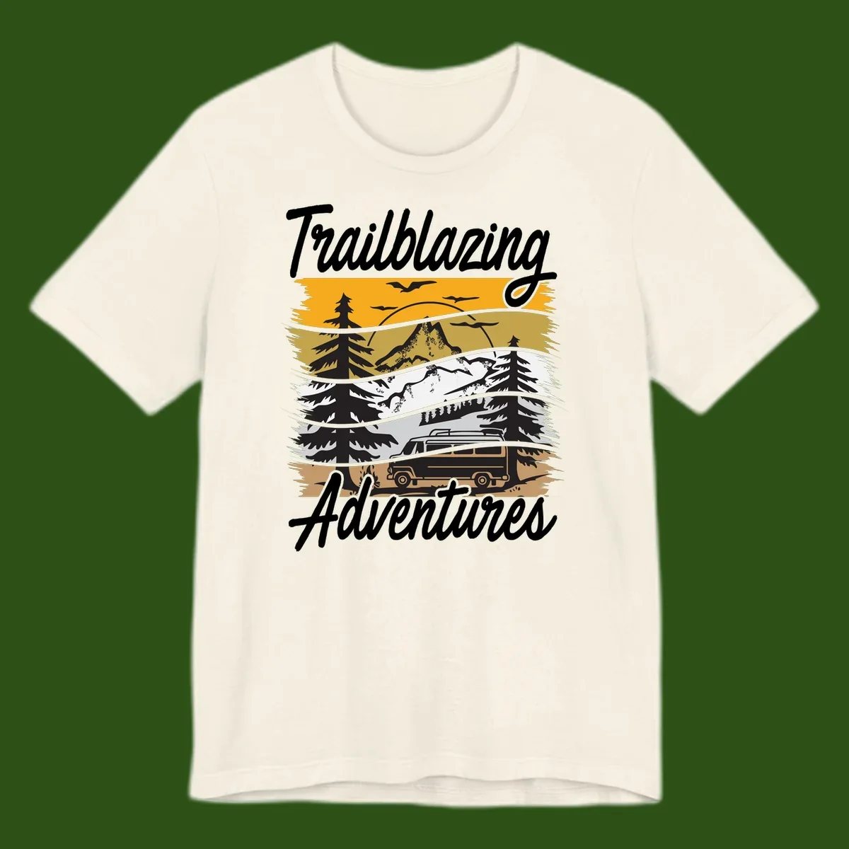 Layered mountain landscape with camping van, evergreen trees, and snowy peaks under golden sky with 'Trailblazing Adventures' text