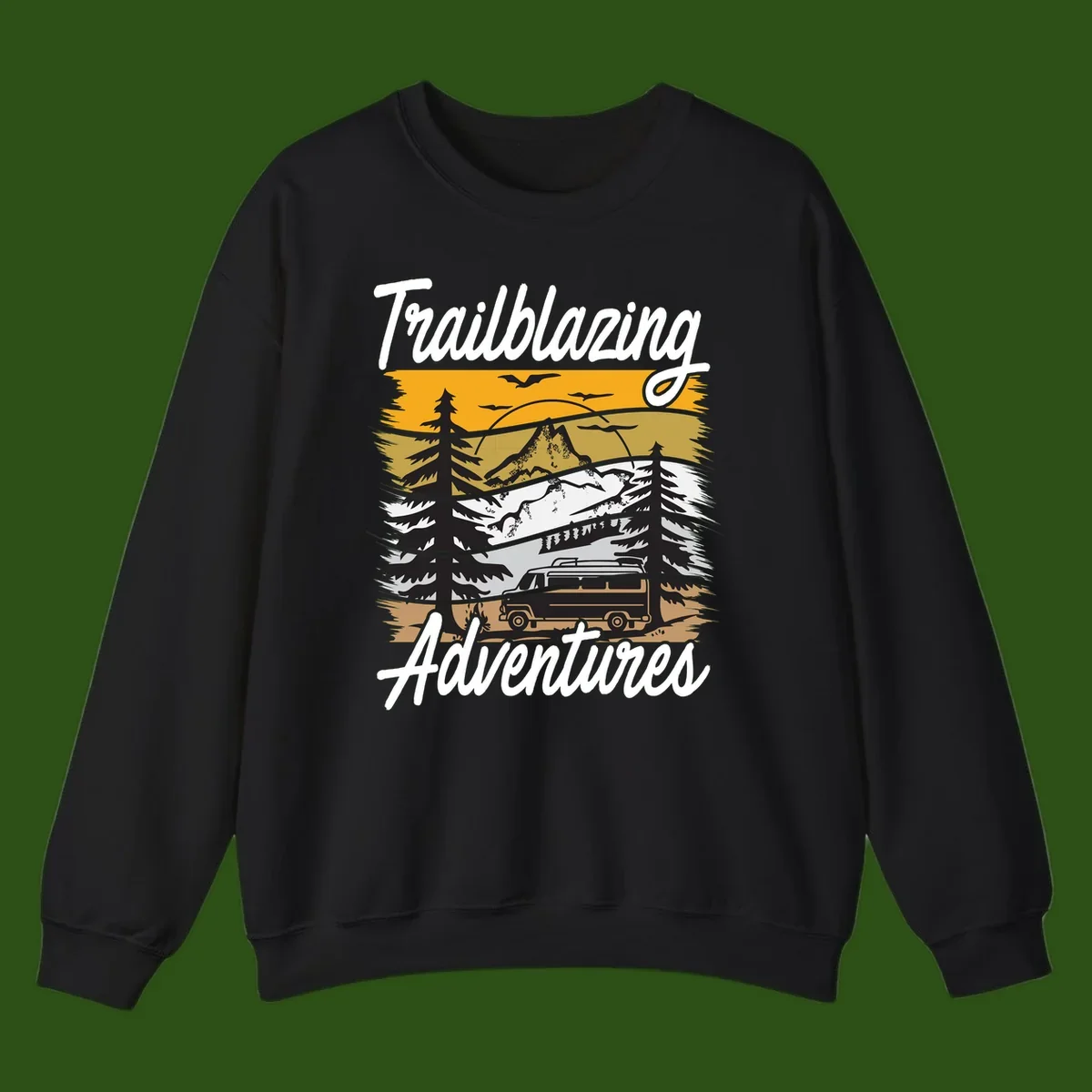 Layered mountain landscape with camping van, evergreen trees, and snowy peaks under golden sky with 'Trailblazing Adventures' text
