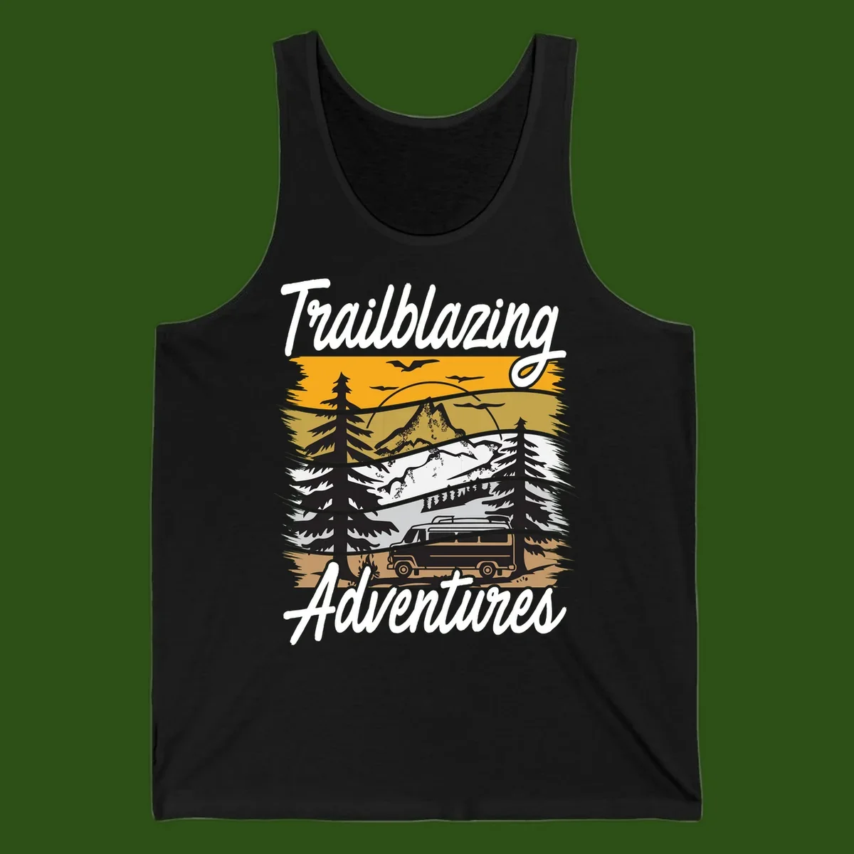 Layered mountain landscape with camping van, evergreen trees, and snowy peaks under golden sky with 'Trailblazing Adventures' text