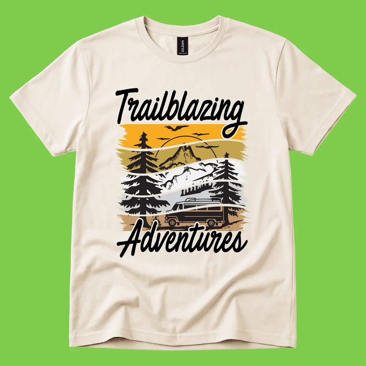 Layered mountain landscape with camping van, evergreen trees, and snowy peaks under golden sky with 'Trailblazing Adventures' text