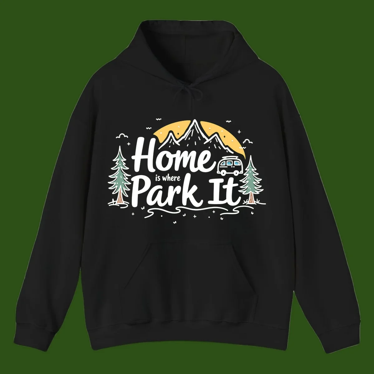 Illustrated design with mountains, camper van, pine trees, moon and clouds with 'Home is where I Park It' text