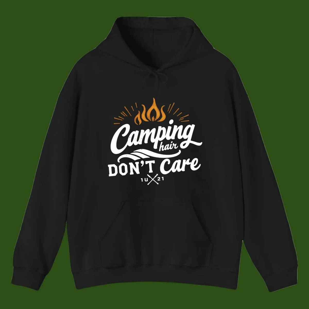 Camping hair don't care design with orange flame and radiating light rays in white lettering on gray background