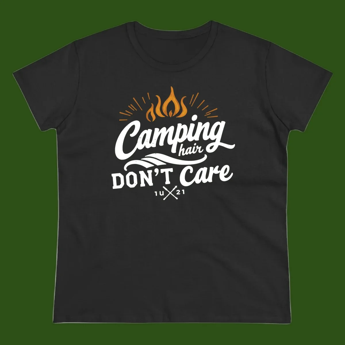 Camping hair don't care design with orange flame and radiating light rays in white lettering on gray background