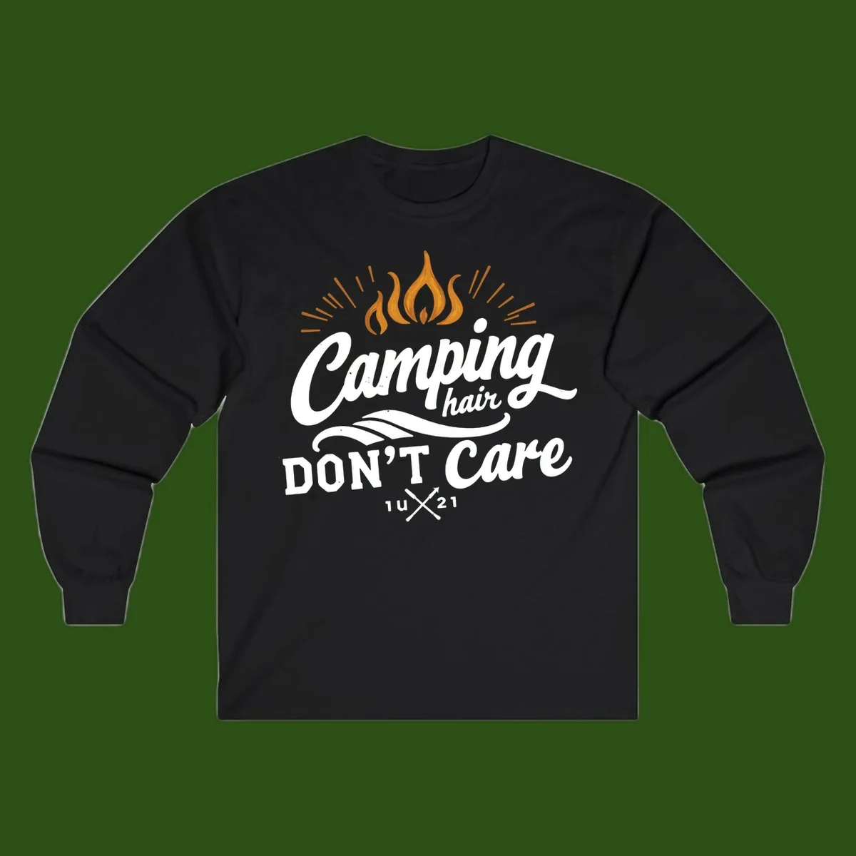 Camping hair don't care design with orange flame and radiating light rays in white lettering on gray background